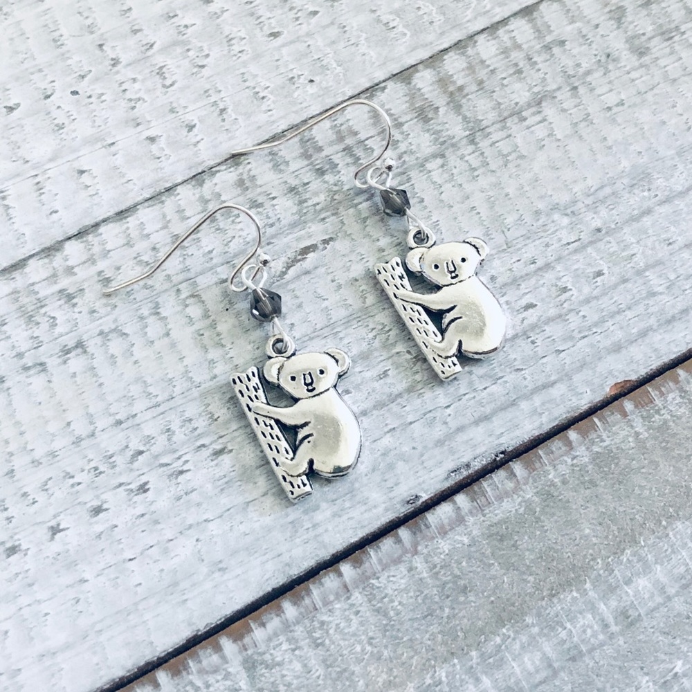 Handmade Grey Koala Silver Dangling Earrings NWT